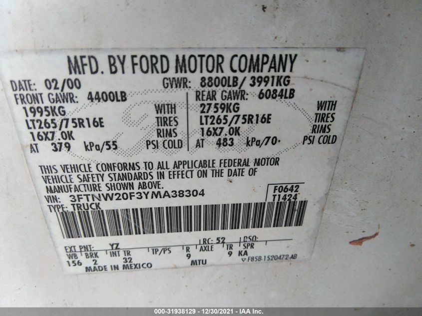 2000 Ford Super Duty F-250 Xlt/Lariat/Xl VIN: 3FTNW20F3YMA38304 Lot: 31938129