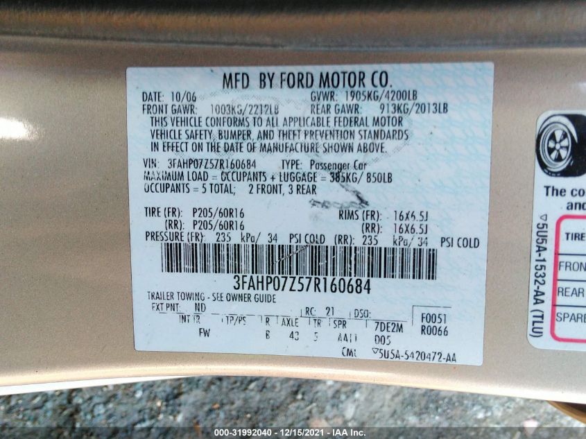 3FAHP07Z57R160684 2007 Ford Fusion Se