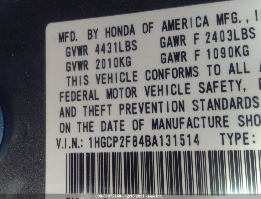 1HGCP2F84BA131514
