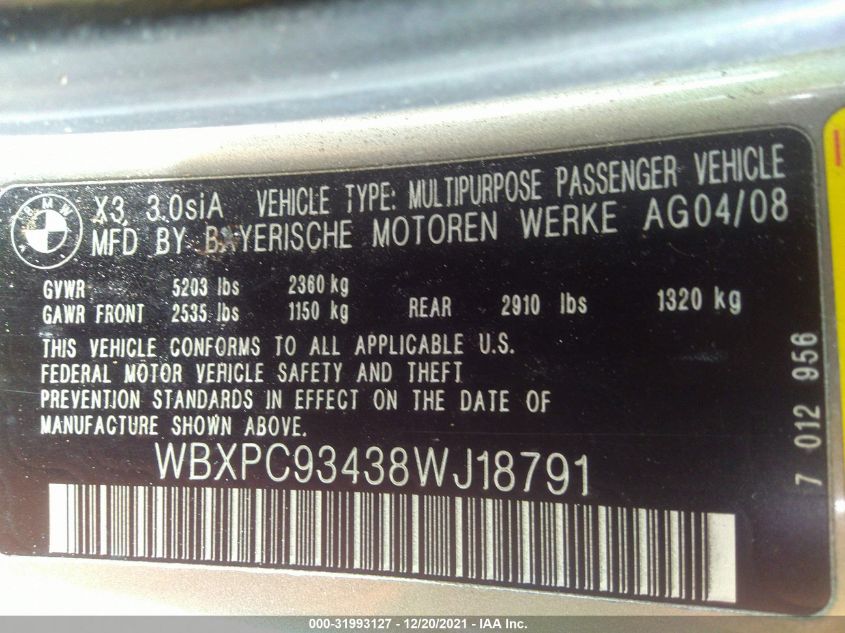 2008 BMW X3 3.0Si VIN: WBXPC93438WJ18791 Lot: 31993127