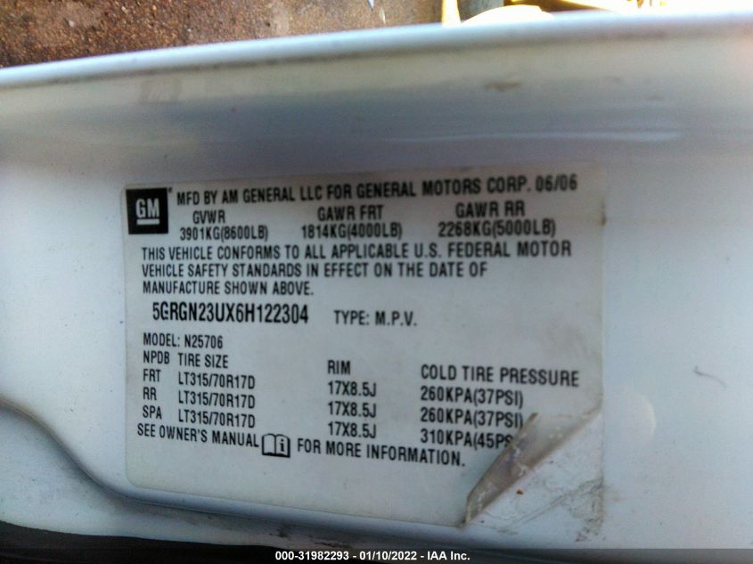 2006 Hummer H2 Suv VIN: 5GRGN23UX6H122304 Lot: 31982293