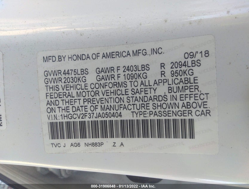 1HGCV2F37JA050404