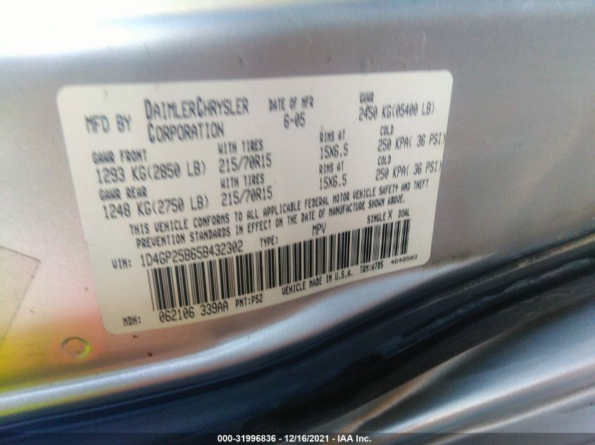 2005 Dodge Caravan Se VIN: 1D4GP25B65B432302 Lot: 31996836