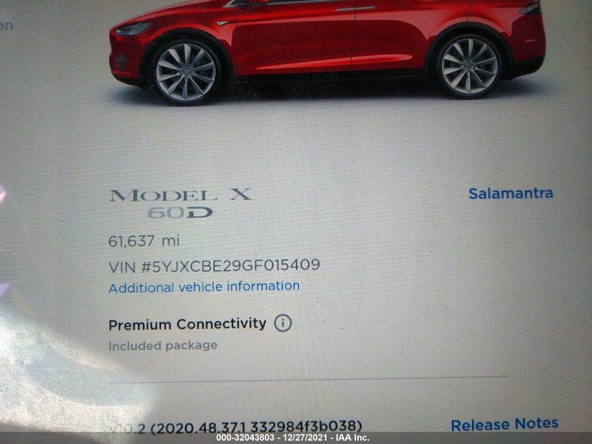 2016 Tesla Model X 60D/70D/75D/90D/P100D VIN: 5YJXCBE29GF015409 Lot: 32043803