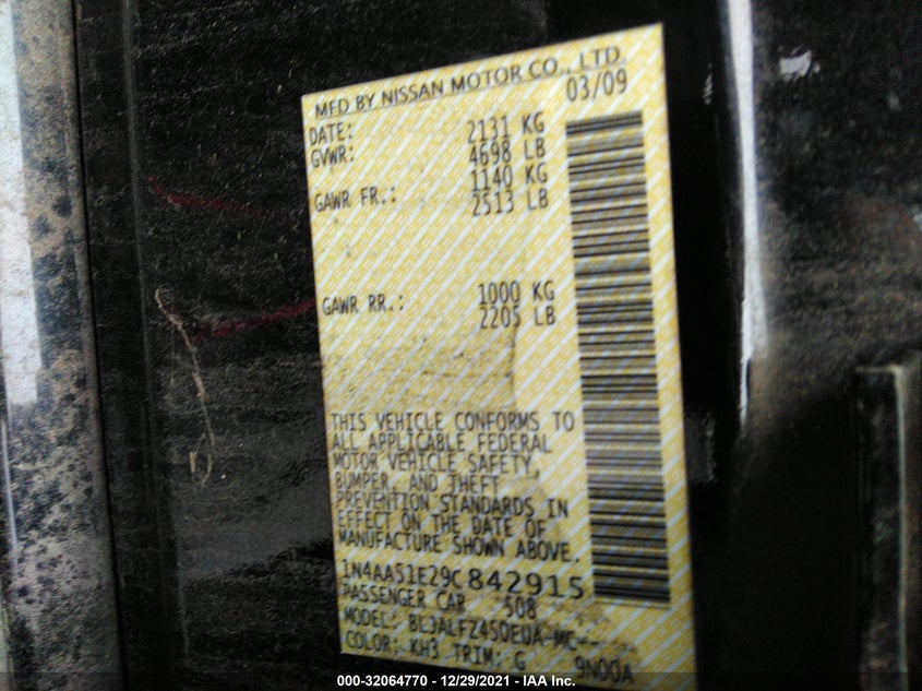 2009 Nissan Maxima 3.5 Sv VIN: 1N4AA51E29C842915 Lot: 32064770
