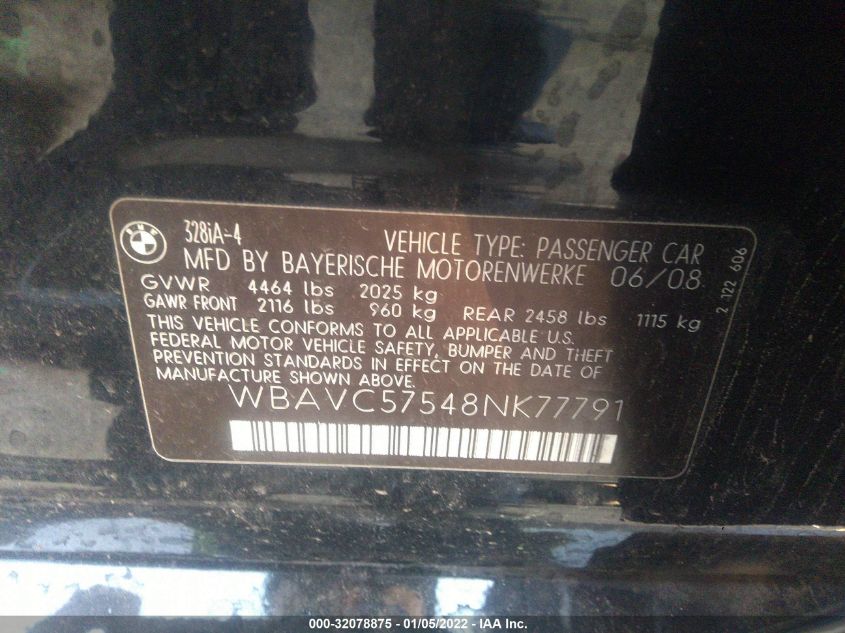 2008 BMW 328I VIN: WBAVC57548NK77791 Lot: 32078875