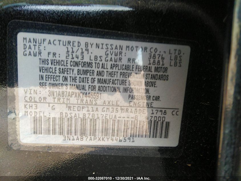 3N1AB7APXKY446591 2019 Nissan Sentra S