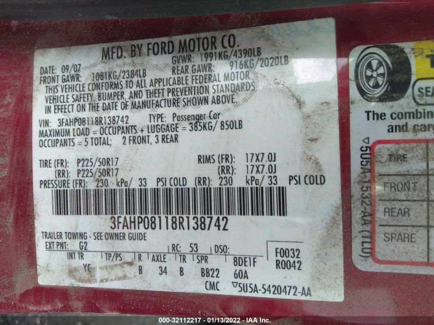 2008 Ford Fusion Sel VIN: 3FAHP08118R138742 Lot: 32112217