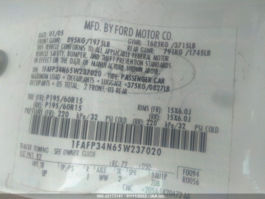 1FAFP34N65W237020 2005 Ford Focus Zx4