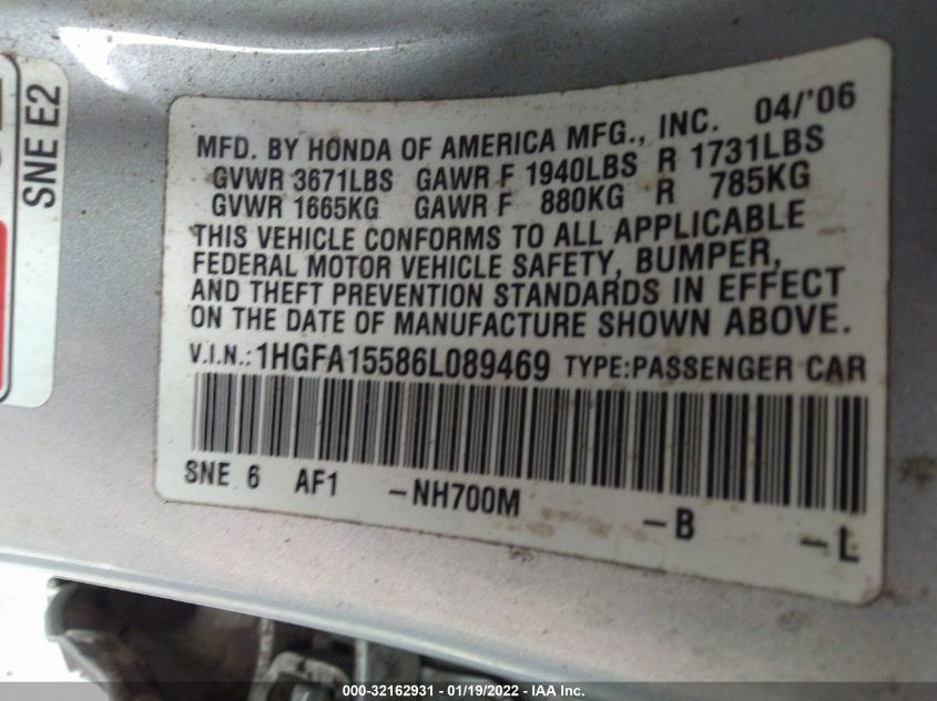 1HGFA15586L089469 2006 Honda Civic Sdn Lx