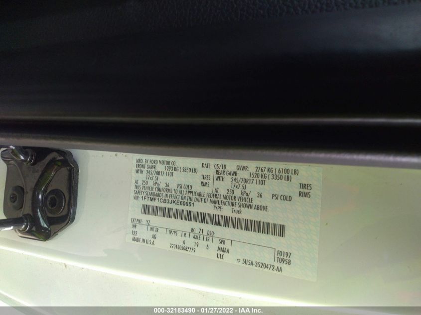 2018 Ford F-150 Xl/Xlt VIN: 1FTMF1CB3JKE60651 Lot: 32183490