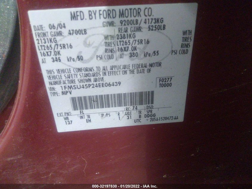 1FMSU45P24EE06439 2004 Ford Excursion Eddie Bauer