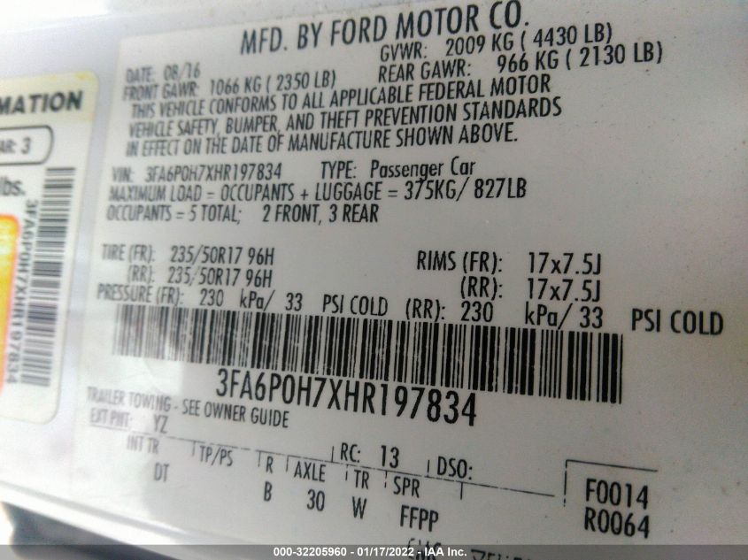 3FA6P0H7XHR197834 2017 Ford Fusion Se