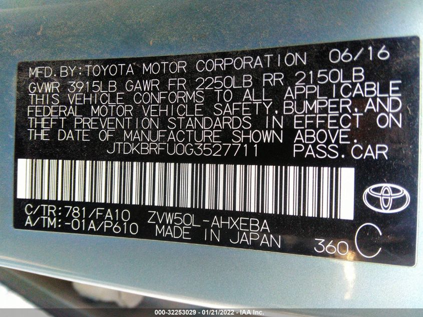 2016 Toyota Prius Two VIN: JTDKBRFU0G3527711 Lot: 32253029