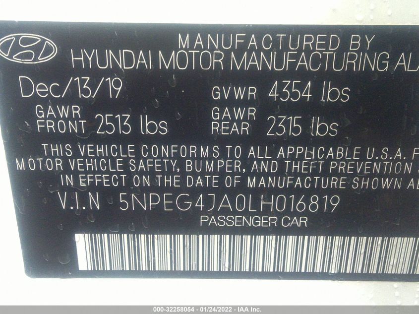 2020 Hyundai Sonata Se VIN: 5NPEG4JA0LH016819 Lot: 32258054