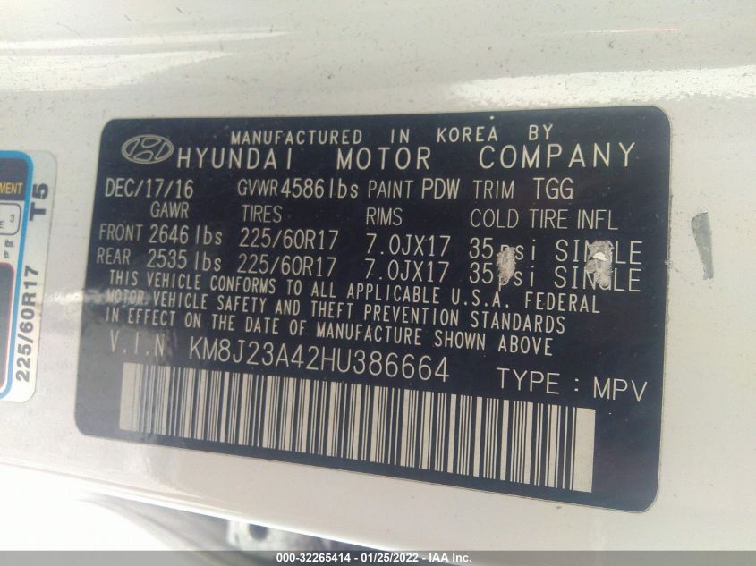 2017 Hyundai Tucson Se VIN: KM8J23A42HU386664 Lot: 32265414