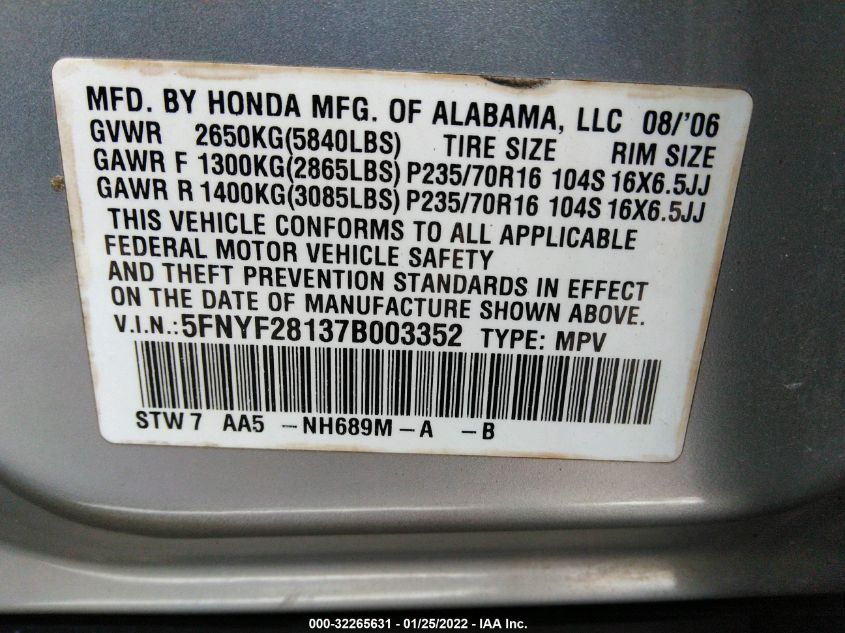 5FNYF28137B003352 2007 Honda Pilot Lx