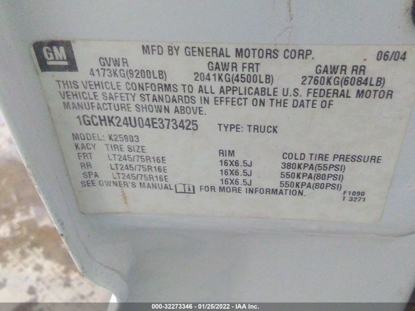 2004 Chevrolet Silverado 2500Hd Work Truck VIN: 1GCHK24U04E373425 Lot: 32273346