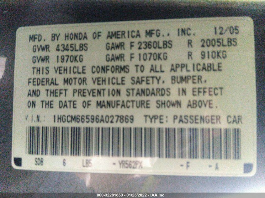 2006 Honda Accord 3.0 Ex VIN: 1HGCM66596A027869 Lot: 40687851