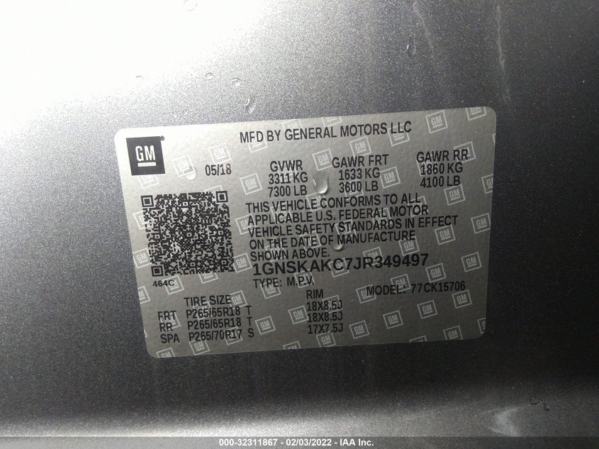 2018 Chevrolet Tahoe Ls VIN: 1GNSKAKC7JR349497 Lot: 32311867