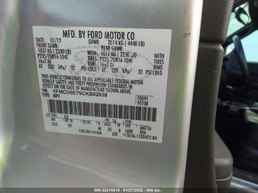 1FMCU0E79CKB82938 2012 Ford Escape Limited