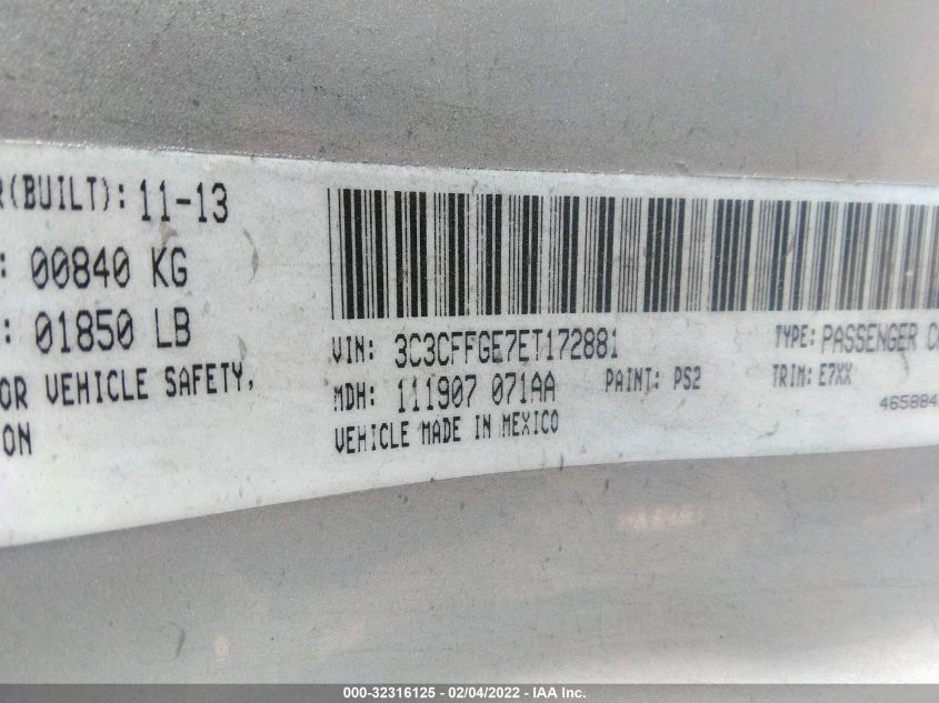 2014 Fiat 500E Battery Electric VIN: 3C3CFFGE7ET172881 Lot: 32316125