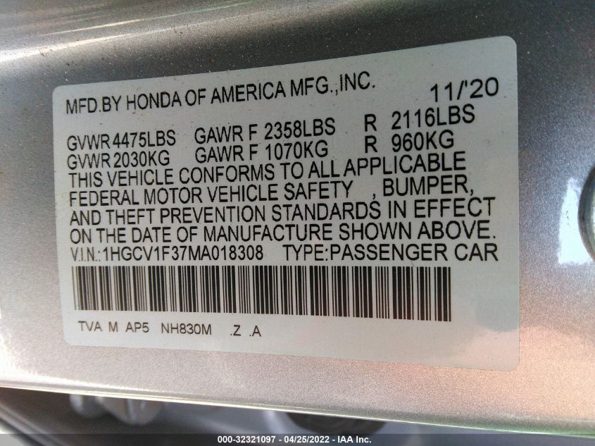 1HGCV1F37MA018308 2021 Honda Accord Sport