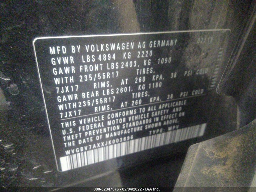 WVGBV7AXXJK003696 2018 Volkswagen Tiguan Limited