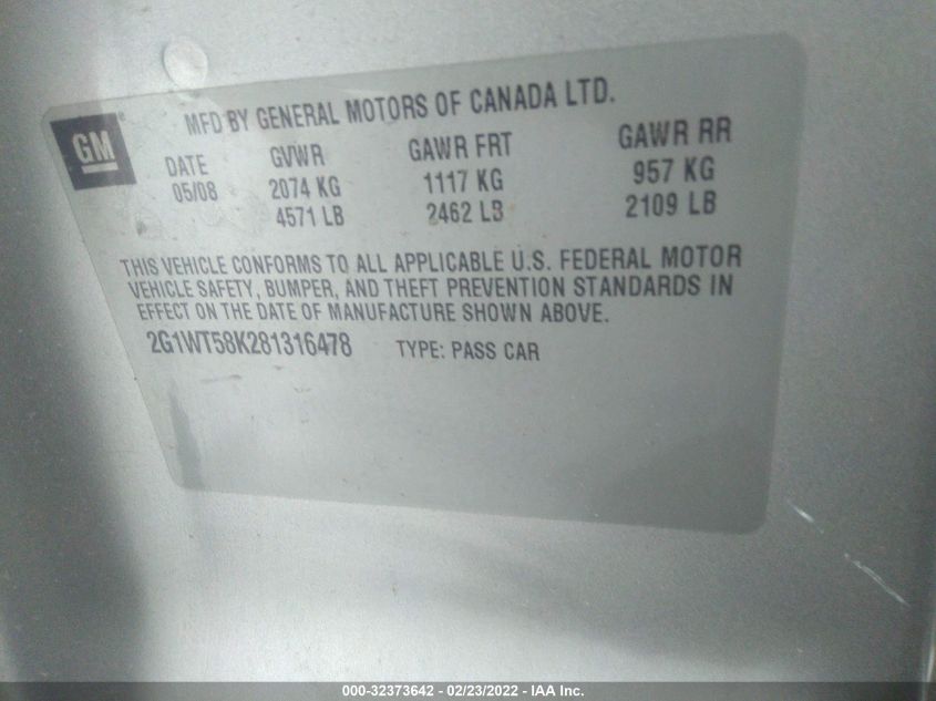 2008 Chevrolet Impala Lt VIN: 2G1WT58K281316478 Lot: 32373642