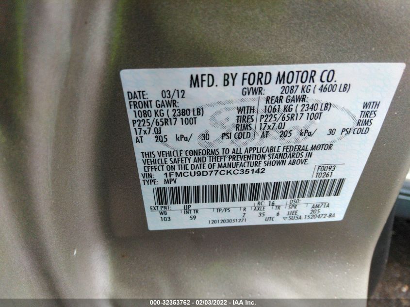 1FMCU9D77CKC35142 2012 Ford Escape Xlt