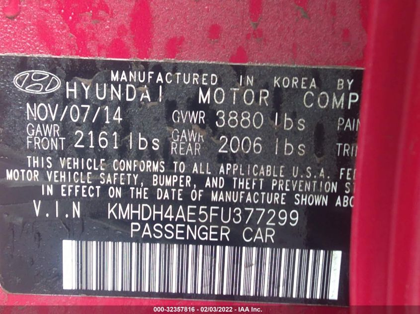 2015 Hyundai Elantra Se (Ulsan Plant) VIN: KMHDH4AE5FU377299 Lot: 32357816