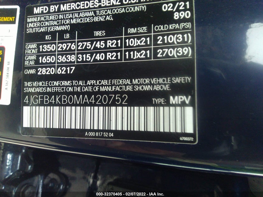 VIN 4JGFB4KB0MA420752 2021 MERCEDES-BENZ GLE 350