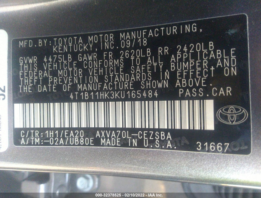 4T1B11HK3KU165484