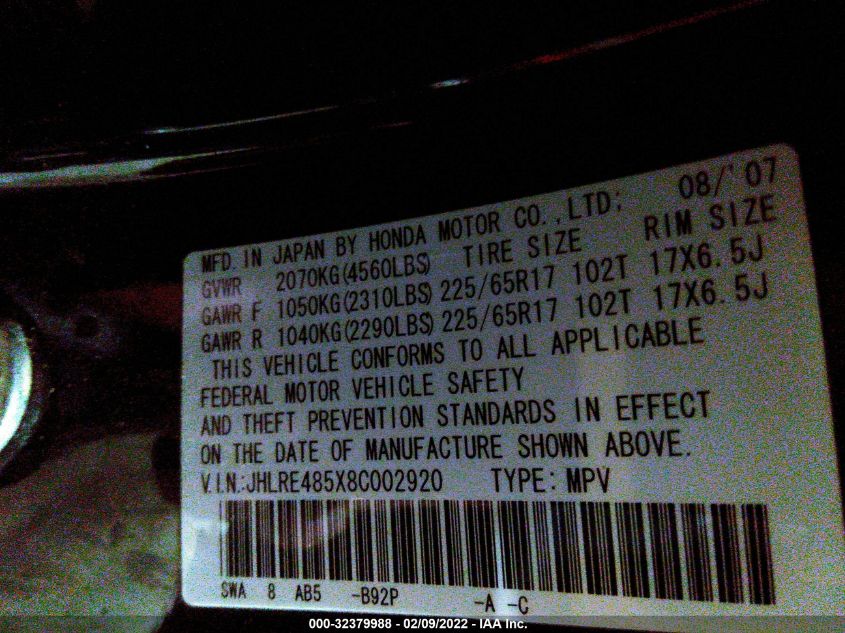 2008 Honda Cr-V Ex VIN: JHLRE485X8C002920 Lot: 32379988