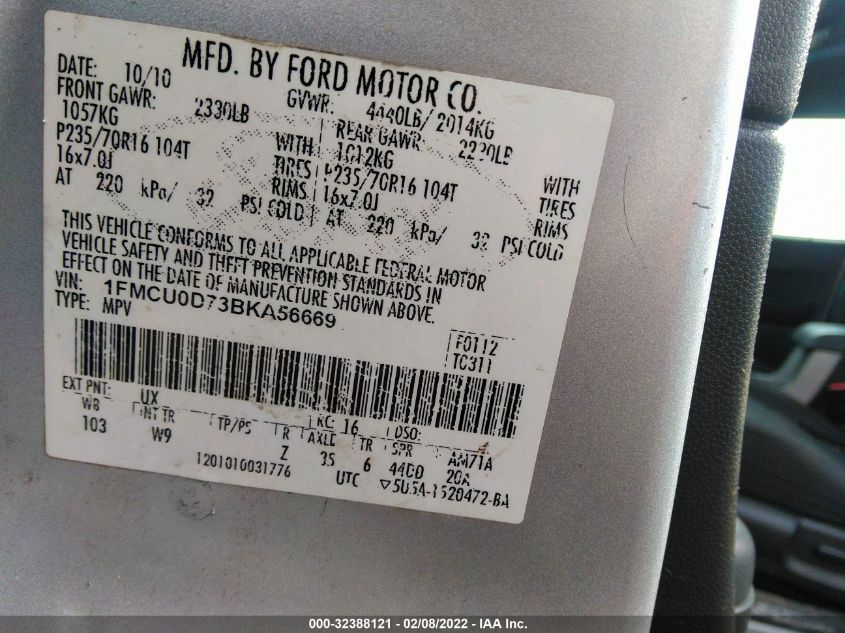 2011 Ford Escape Xlt VIN: 1FMCU0D73BKA56669 Lot: 32388121