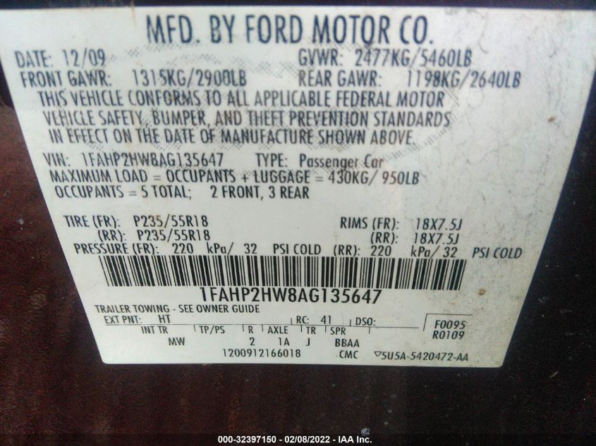 2010 Ford Taurus Sel VIN: 1FAHP2HW8AG135647 Lot: 40687874