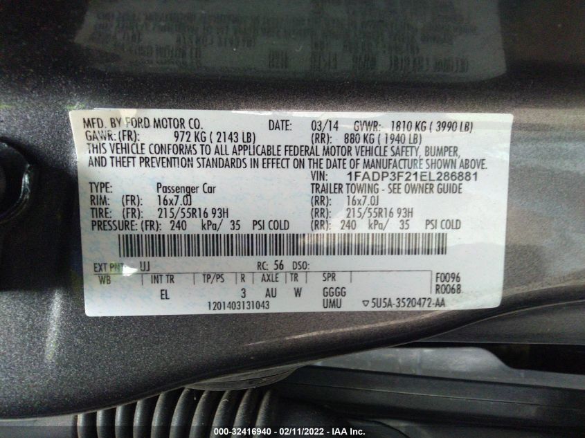 1FADP3F21EL286881 2014 Ford Focus Se