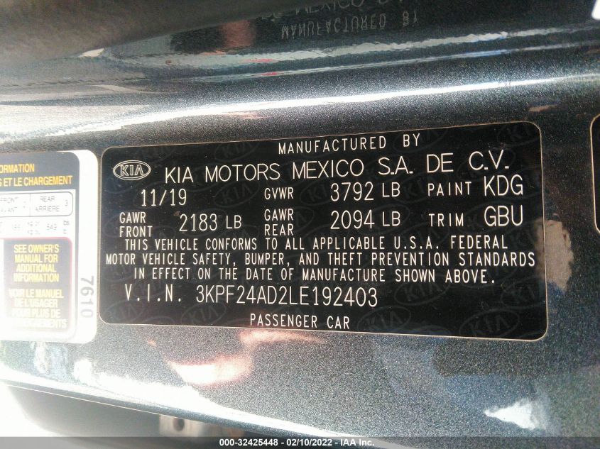 2020 Kia Forte Lxs VIN: 3KPF24AD2LE192403 Lot: 43388543