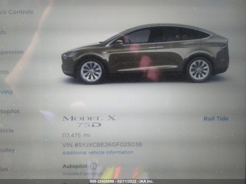 2016 Tesla Model X 60D/70D/75D/90D/P100D VIN: 5YJXCBE26GF025038 Lot: 32426896