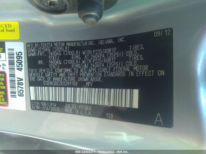 2013 Toyota Sienna Xle V6 8 Passenger VIN: 5TDYK3DC2DS291168 Lot: 32433371