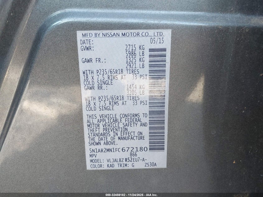 2015 Nissan Pathfinder S VIN: 5N1AR2MN1FC672180 Lot: 32456182