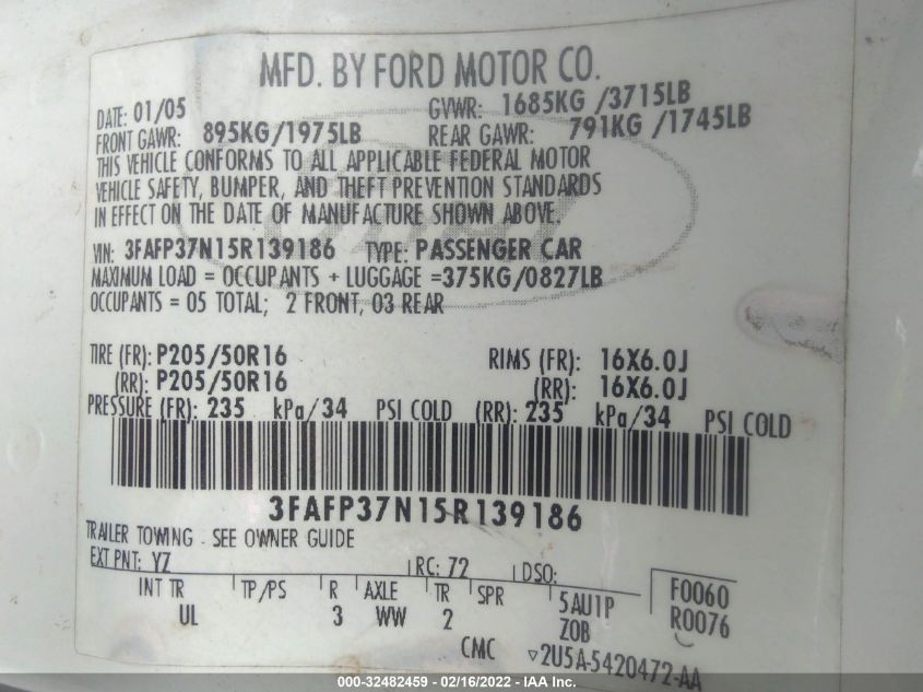 3FAFP37N15R139186 2005 Ford Focus Zx5