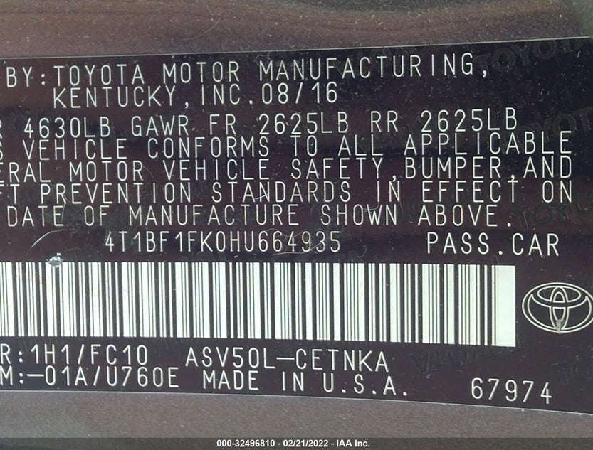 4T1BF1FK0HU664935
