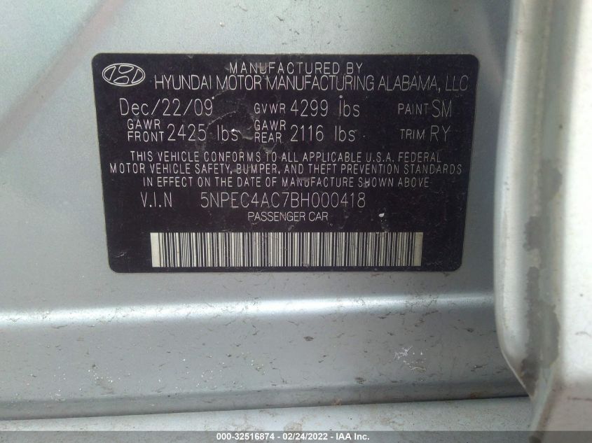 2011 Hyundai Sonata Limited VIN: 5NPEC4AC7BH000418 Lot: 32516874
