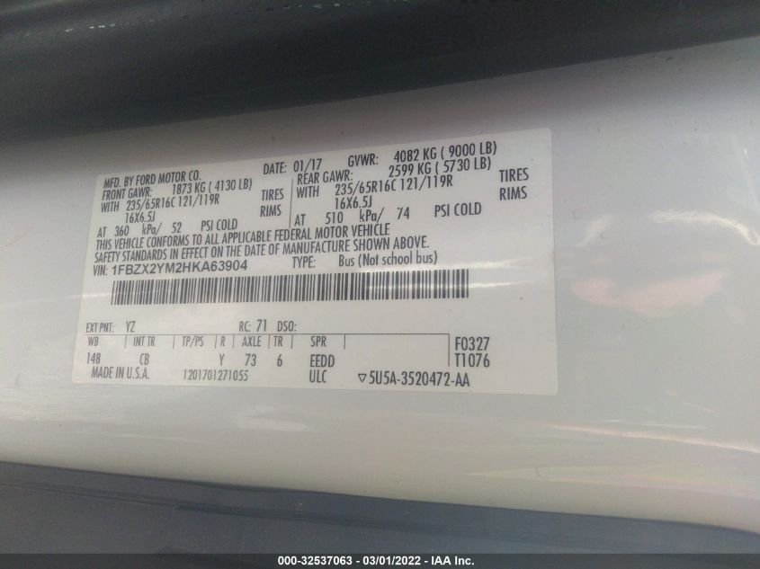 2017 Ford Transit-350 Xlt VIN: 1FBZX2YM2HKA63904 Lot: 32537063