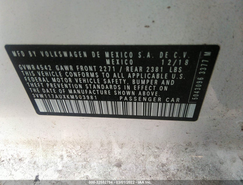 3VW117AUXKM503981