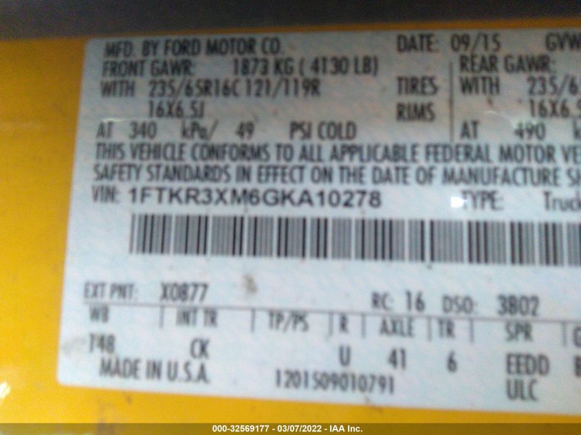 2015 Ford Transit-250 VIN: 1FTCR3XM3FKA30054 Lot: 32569177