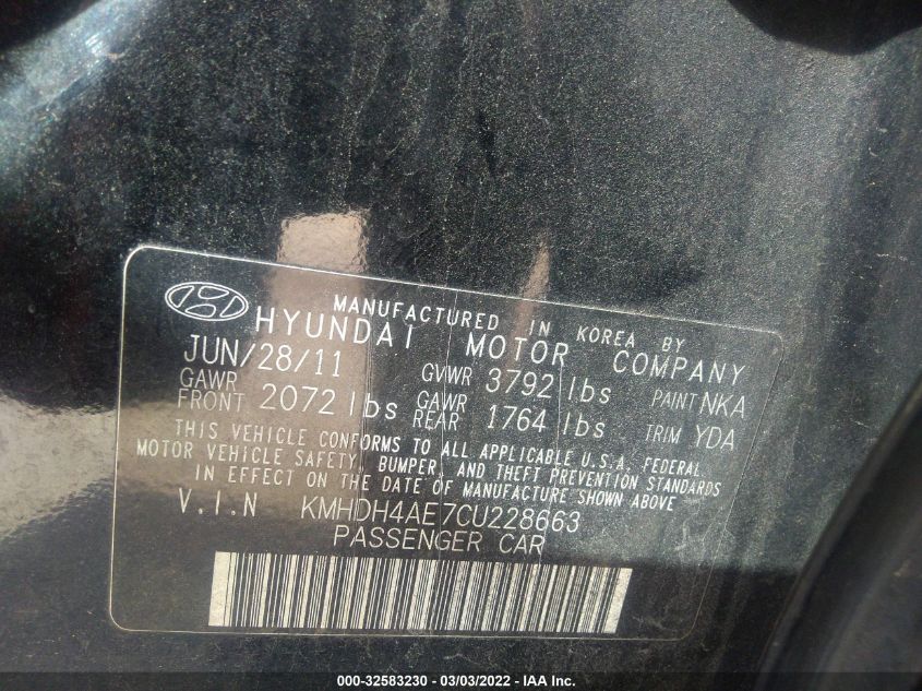 KMHDH4AE7CU228663 2012 Hyundai Elantra Limited (Ulsan Plant)