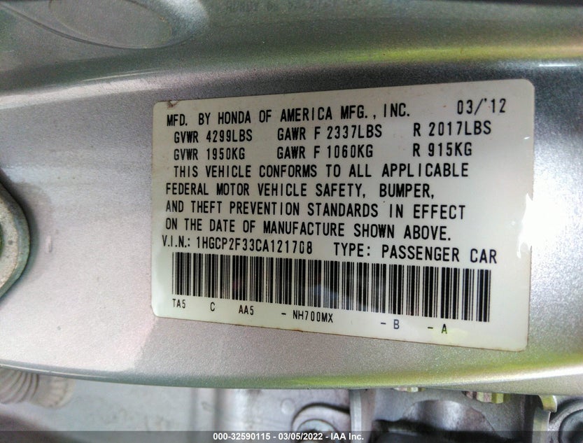1HGCP2F33CA121708