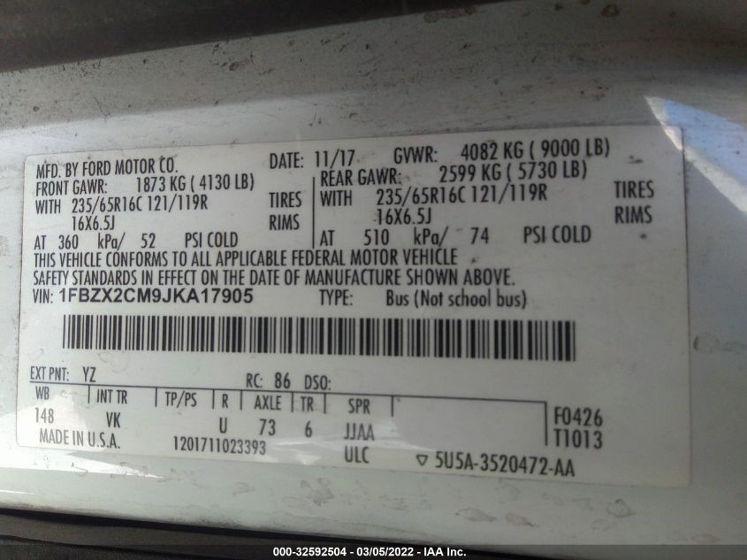 2018 Ford Transit-350 Xl VIN: 1FBZX2CM9JKA17905 Lot: 32592504